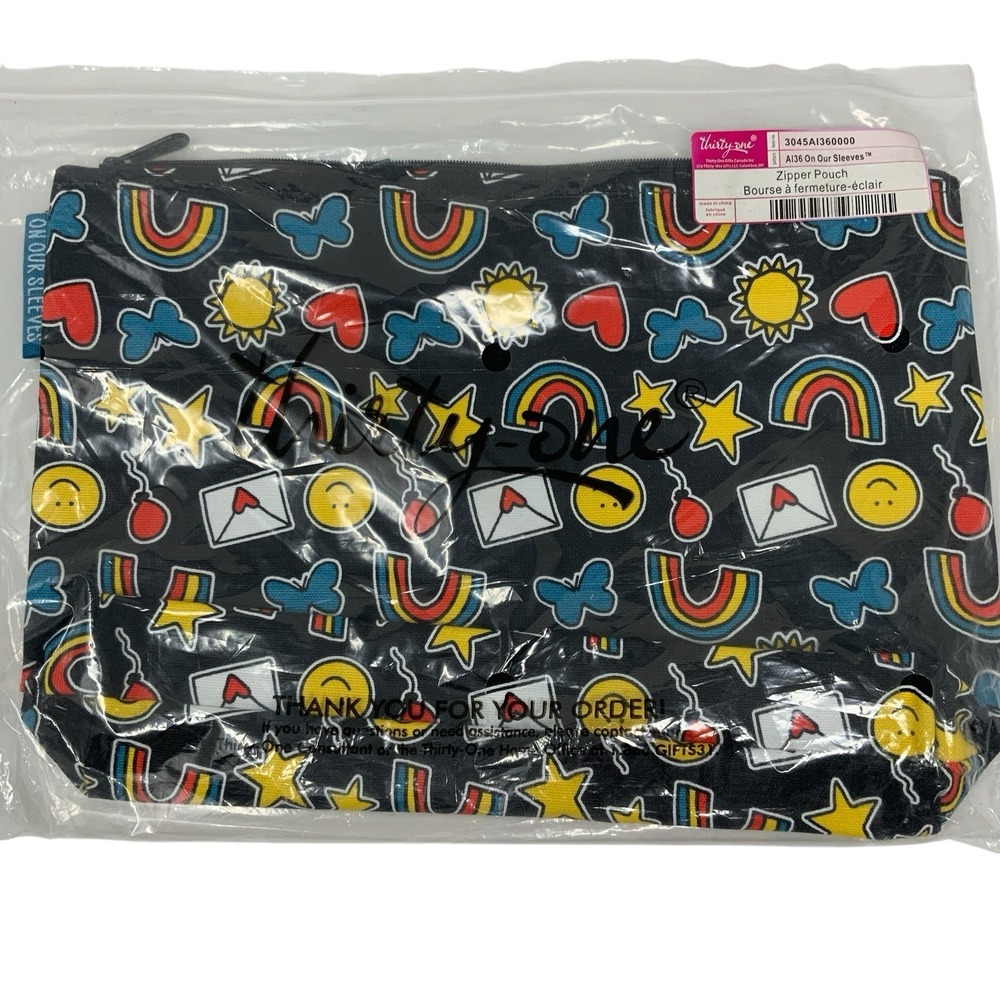 Thirty One Zipper Pouch On Our Sleeves Happy Rainbows Stars Butterfly Hearts